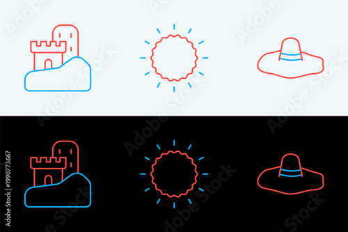 Set line Elegant women hat, Sand castle and Sun icon. Vector