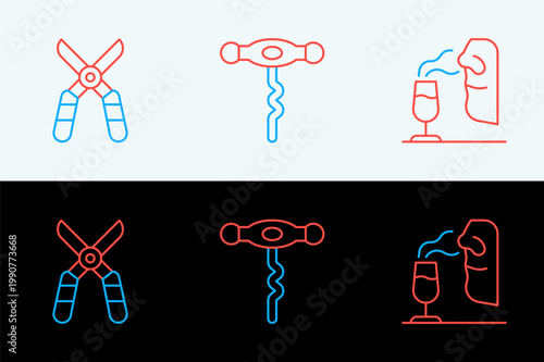 Set line Sommelier, Gardening scissors and Wine corkscrew icon. Vector
