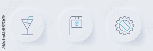 Set line Bottle cap, Street signboard with Bar and Cocktail icon. Vector