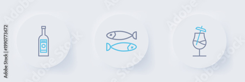 Set line Cocktail, Dried fish and Glass bottle of vodka icon. Vector