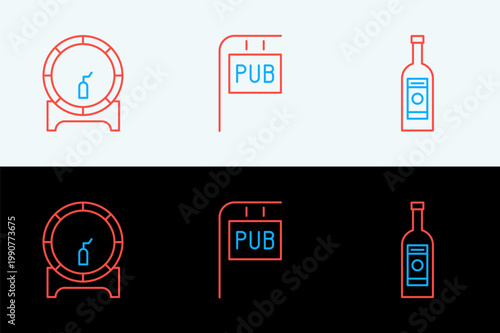 Set line Glass bottle of vodka, Wooden barrel on rack and Street signboard with Pub icon. Vector