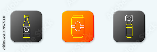 Set line Beer bottle, can and Bottle opener icon. Vector
