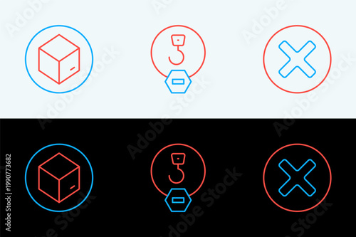Set line X Mark, Cross in circle, Carton cardboard box and Industrial hook icon. Vector