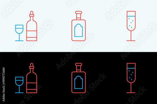 Set line Glass of champagne, Wine bottle with glass and Whiskey icon. Vector