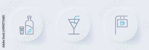 Set line Street signboard with Bar, Cocktail and Vodka pepper and glass icon. Vector