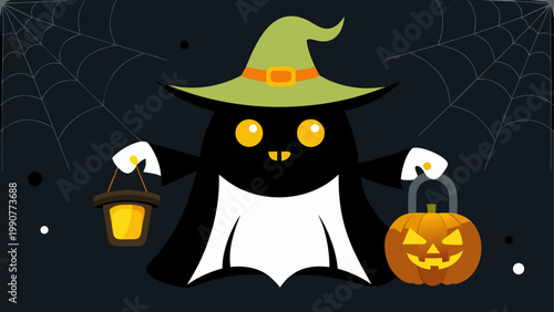 Halloween pumpkin and ghost characters with a witch hat
