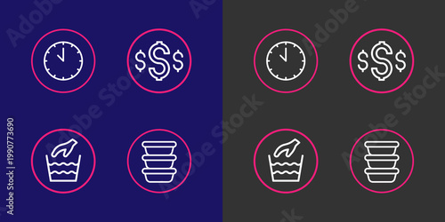 Set line Bowl, Hand wash laundry, Dollar symbol and Clock icon. Vector