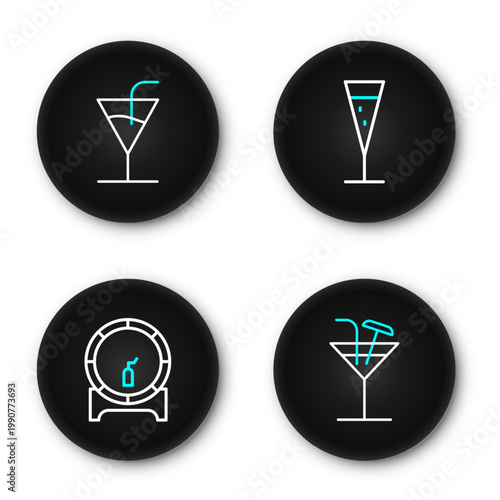 Set line Cocktail, Wooden barrel on rack, Glass of champagne and icon. Vector