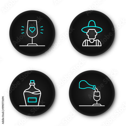 Set line Wine tasting, degustation, Old bottle of wine, Farmer the hat and glass icon. Vector