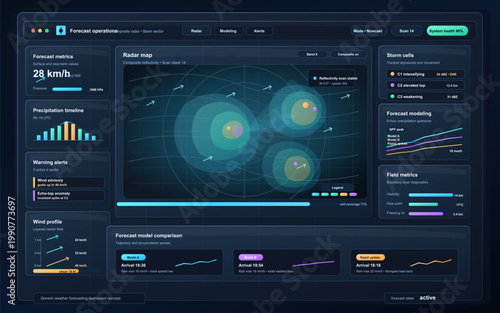 Futuristic weather forecasting dashboard interface with radar map, storm cell tracking, precipitation timeline, wind profile, and model comparison