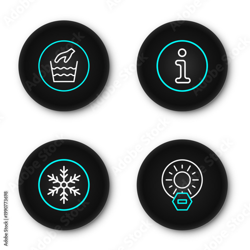 Set line No direct sunlight, Snowflake, Information and Hand wash laundry icon. Vector