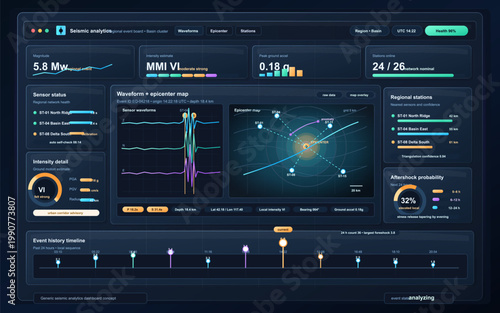 Dark seismic analytics dashboard interface with waveform panel, epicenter map, station status, intensity metrics, and event timeline widgets
