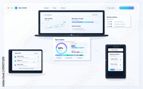 Light multi-device file sync dashboard interface with laptop, tablet and smartphone screens, version history, storage status and merge tools