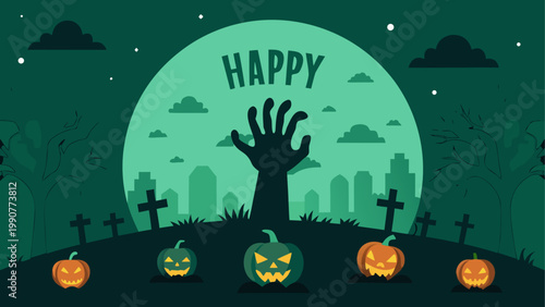 Halloween jack-o'-lantern with spooky faces and bats in the night sky