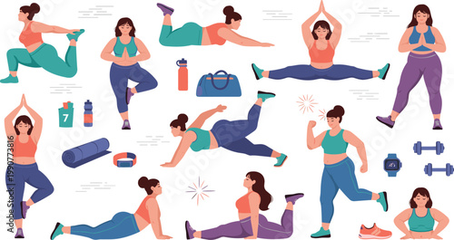 Active Woman Fitness and Yoga Character Set with Exercise Poses, Gym Bag, Dumbbells, Water Bottle, and Workout Elements for Health Designs