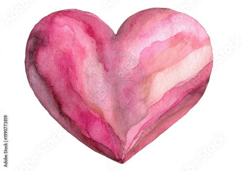 Watercolor painting of a pink heart with layered hues, subtle translucent circle