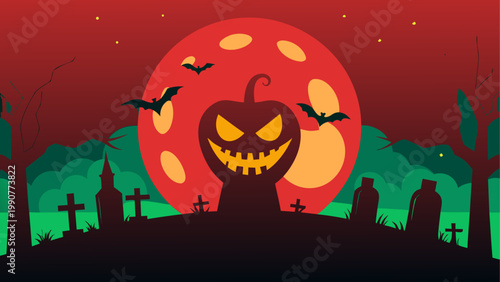 Halloween jack-o-lantern with a spooky carved face glowing red