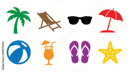 Vibrant summer icon collage featuring beach gear, sunglasses, cocktails, flip-flops, starfish and palm trees for vacation mood