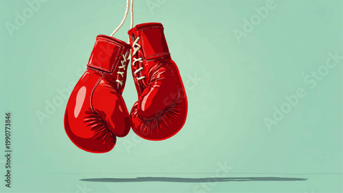 A pair of red boxing gloves hang from a white rope indoors
