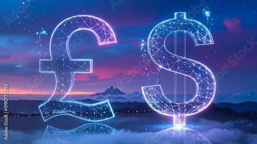 Futuristic Digital Currency Symbols Over a Scenic Landscape.