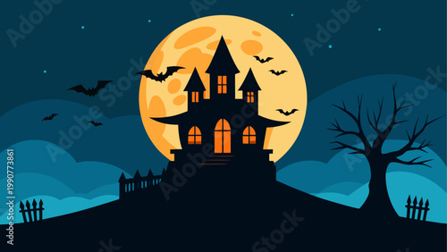 Spooky haunted house with full moon and silhouetted trees at night