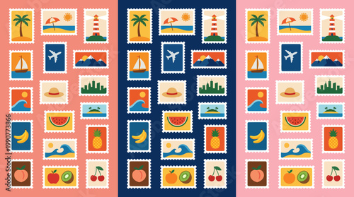 Vibrant tropical vacation collage with fruits, drinks, and beach icons arranged in colorful tile designs