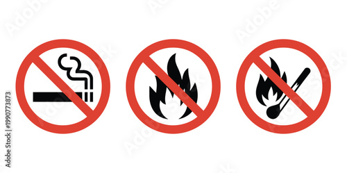 No smoking and no open flame sign set red prohibition fire and match symbols vector illustration isolated on light background