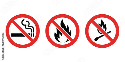 No smoking and no open flame prohibition sign set with red warning fire and match icons vector design for safety rules