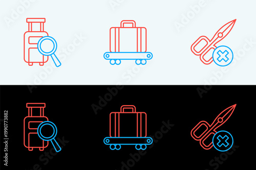 Set line No scissors, Lost baggage and Conveyor belt with suitcase icon. Vector