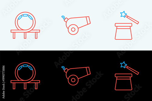 Set line Magic hat and wand, Roller coaster and Cannon icon. Vector