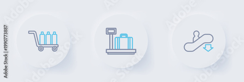 Set line Escalator down, Scale with suitcase and Trolley baggage icon. Vector