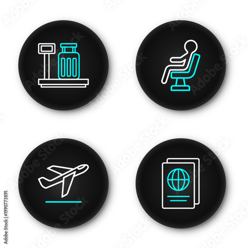Set line Passport, Plane takeoff, Human waiting in airport terminal and Scale with suitcase icon. Vector