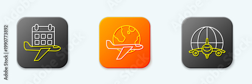 Set line Calendar and airplane, Globe with flying and icon. Vector