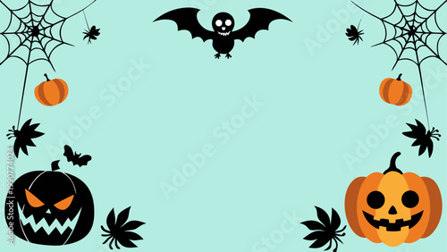Halloween icons with bats, pumpkins, and spiders on a web