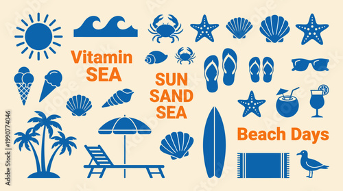 Beach icons vector set with sun, sea, sand, shells, starfish, crab, palm trees, chairs, umbrellas, flip flops and seaside vacation vibes