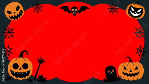Halloween pumpkins and bats arranged in a decorative border