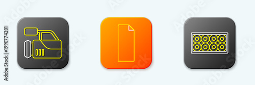 Set line Cinema camera, Grip tape on skateboard and Skateboard wheel icon. Vector