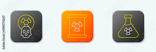 Set line Radioactive, waste in barrel and Test tube radiation icon. Vector