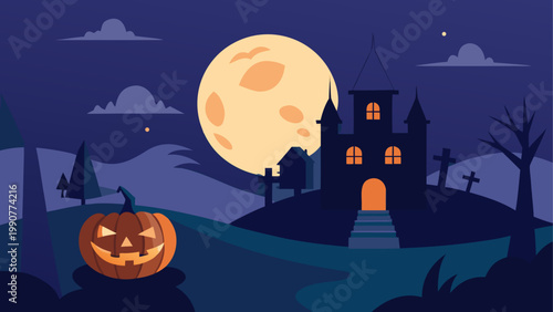 Spooky haunted house with a full moon and jack o lantern