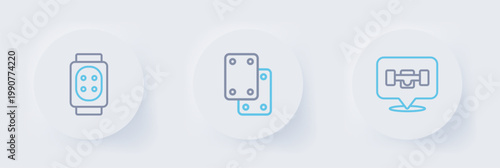 Set line Skateboard wheel, Knee pads and icon. Vector