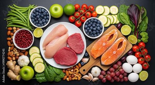 A balanced meal with salmon, beef, and chicken on a white plate, surrounded by colorful vegetables, fruits, nuts, and berries on a dark background. Perfect for healthy eating concepts.