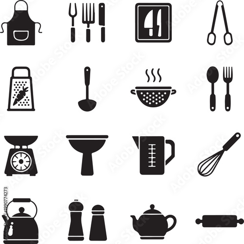 Collection of classic kitchen utensils and appliances in black and white icons