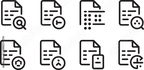 Documents featuring magnifying glasses and circular symbols represent advanced data analysis and file inspection tools used by professionals to maintain accurate digital records and reports.