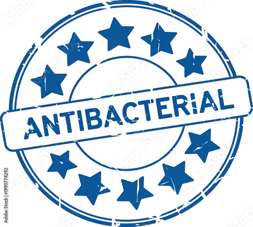 Antibacterial blue stamp with stars on white background  medical symbol