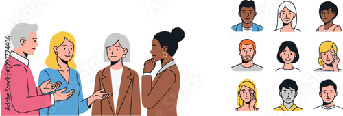 Diverse People Communication and Team Discussion Illustration Set with Multicultural Avatars, Group Conversation, Social Interaction, and Community Characters Collection