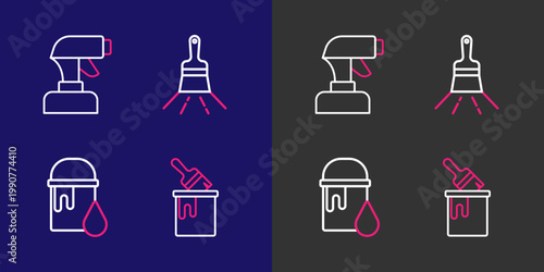 Set line Paint bucket with brush, and spray gun icon. Vector