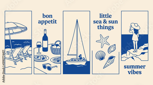 Coastal vacation collage: dining by the sea, sailing, seashells, and a sunny summer beach scene in a five-panel illustration