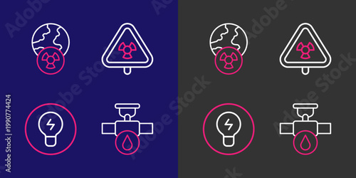 Set line Industry pipe and valve, Light bulb with concept of idea, Triangle radiation and Planet earth icon. Vector