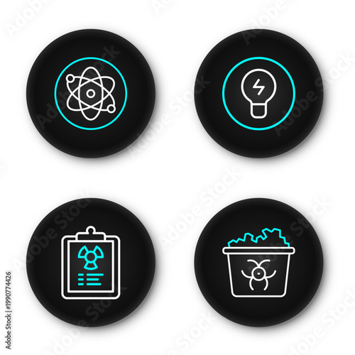 Set line Infectious waste, Radiation warning document, Light bulb with concept of idea and Atom icon. Vector