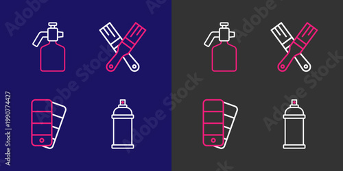 Set line Paint spray can, Color palette guide, brush and gun icon. Vector